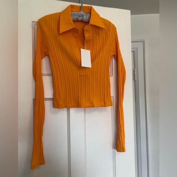 NWT Helmut Lang Cotton Cropped Rib Knit Long Sleeve Polo in Orange, Size XS - Picture 7 of 14